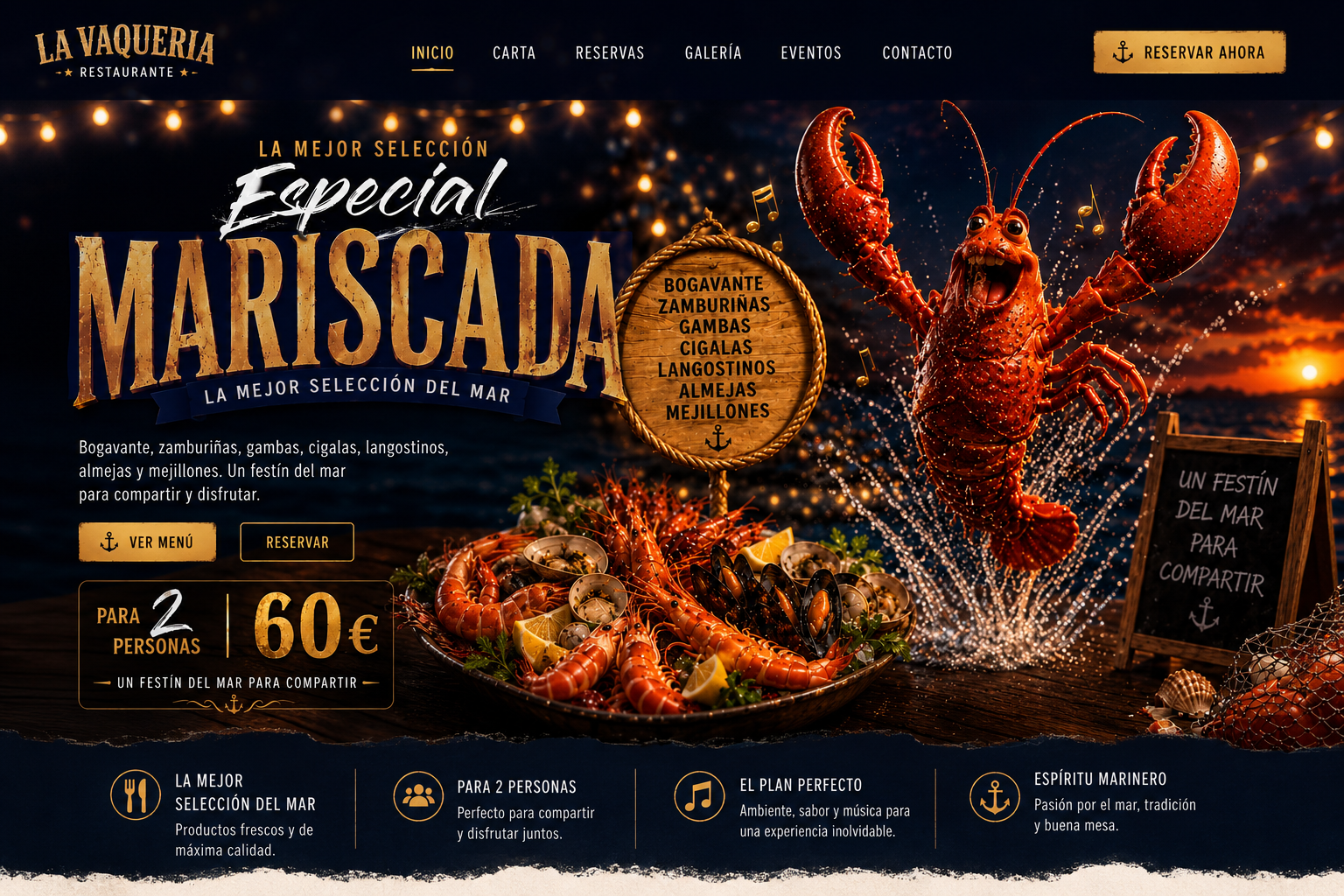 Especial Mariscada 20 y 21 de junio · Para 2 personas 60€ · La Vaquería